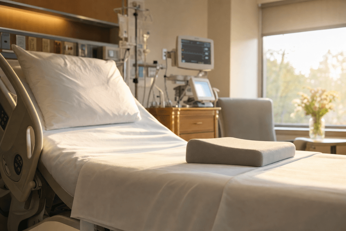 A calm hospital birthing bed in warm morning light, with a soft folded support cushion resting near the mattress edge and monitors gently blurred in the background.