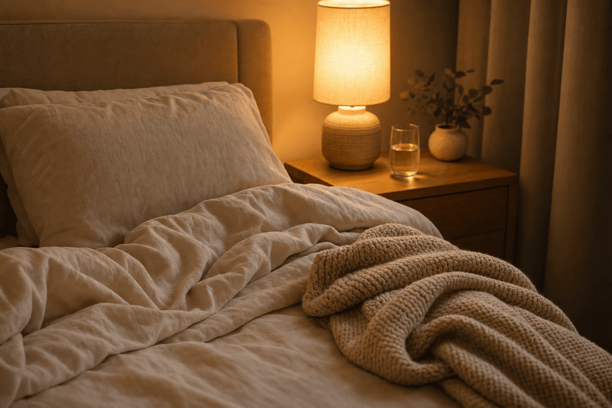 A cozy bed with rumpled cream linen and a soft knit blanket beside a glowing amber lamp and a glass of water, evoking a calm, restful night.