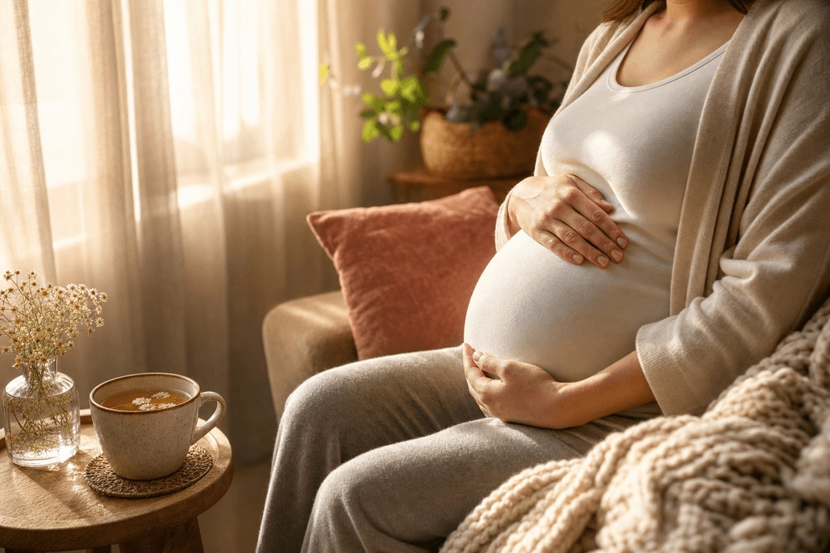 A person in late pregnancy rests in a sunlit armchair with hands gently cradling the belly, a warm cup of tea and wildflowers nearby