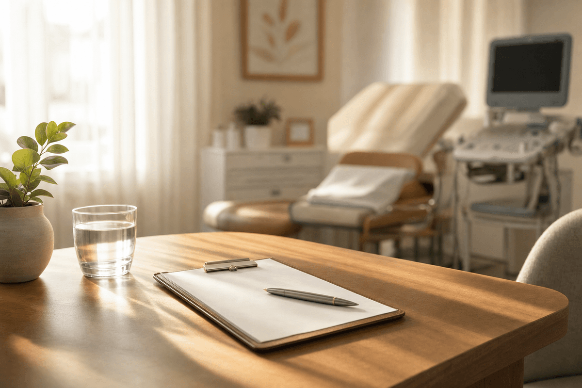 A blank notepad and pen on a warm wooden desk beside a glass of water, with a softly lit consultation room and medical equipment blurred in the gentle morning light.