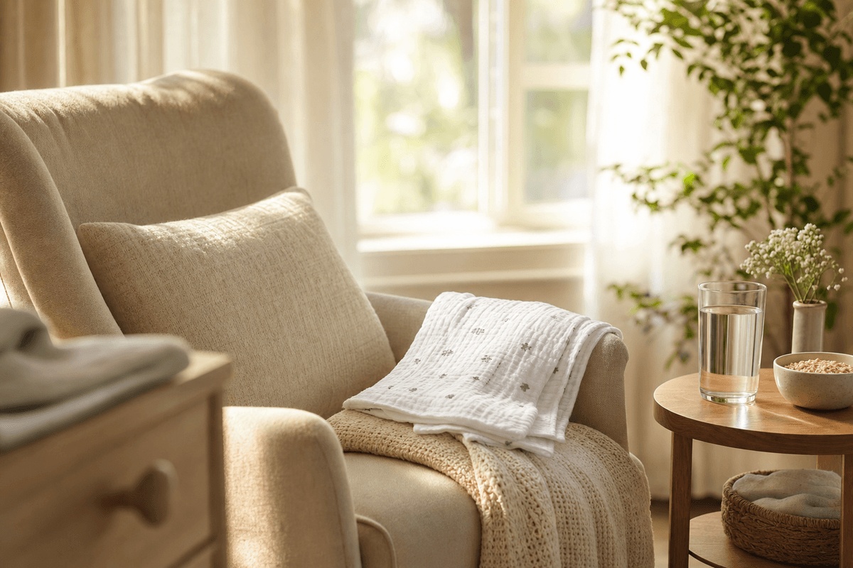 A cozy nursing nook bathed in warm morning light, with a soft armchair, a folded muslin cloth, a glass of water, and a small bowl of oats on a side table.