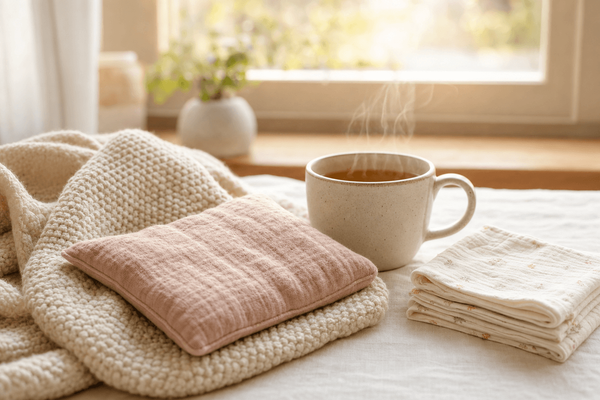 A soft folded warm compress and a steaming cup of herbal tea rest on a cozy knit blanket beside neatly folded nursing cloths in warm sunlit window light, evoking gentle at-home comfort and rest.