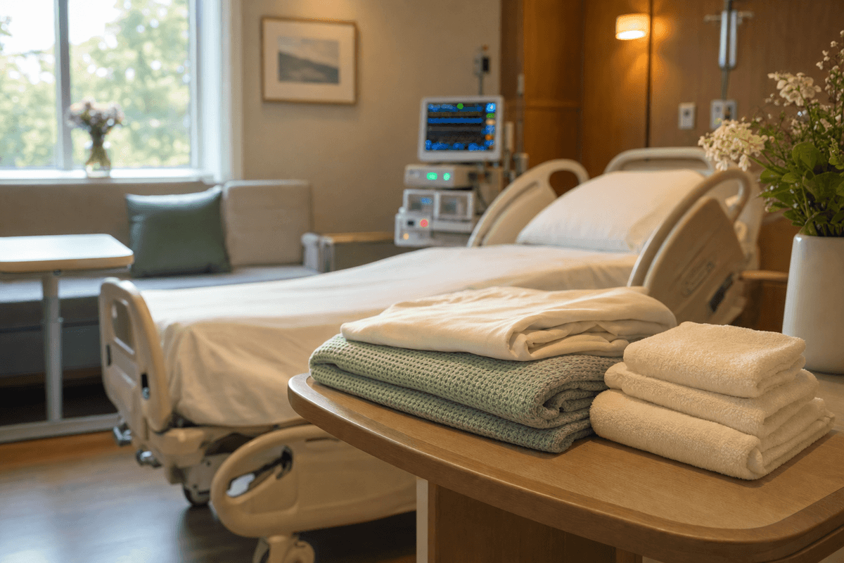 A calm sunlit hospital labor room with a freshly made bed, a folded sage-green blanket and soft towels, and gentle monitoring equipment in the warm background.