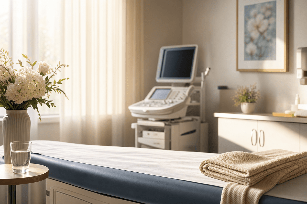 A calm, sunlit obstetrician exam room with a neatly made exam bed, a folded knit blanket, and a vase of pale flowers, with medical equipment softly out of focus.
