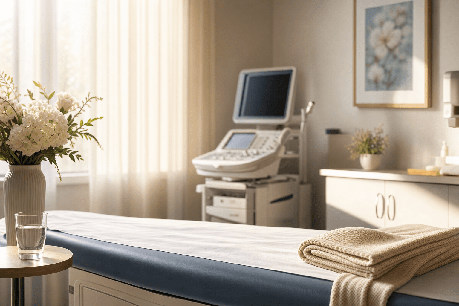 A calm, sunlit obstetrician exam room with a neatly made exam bed, a folded knit blanket, and a vase of pale flowers, with medical equipment softly out of focus.