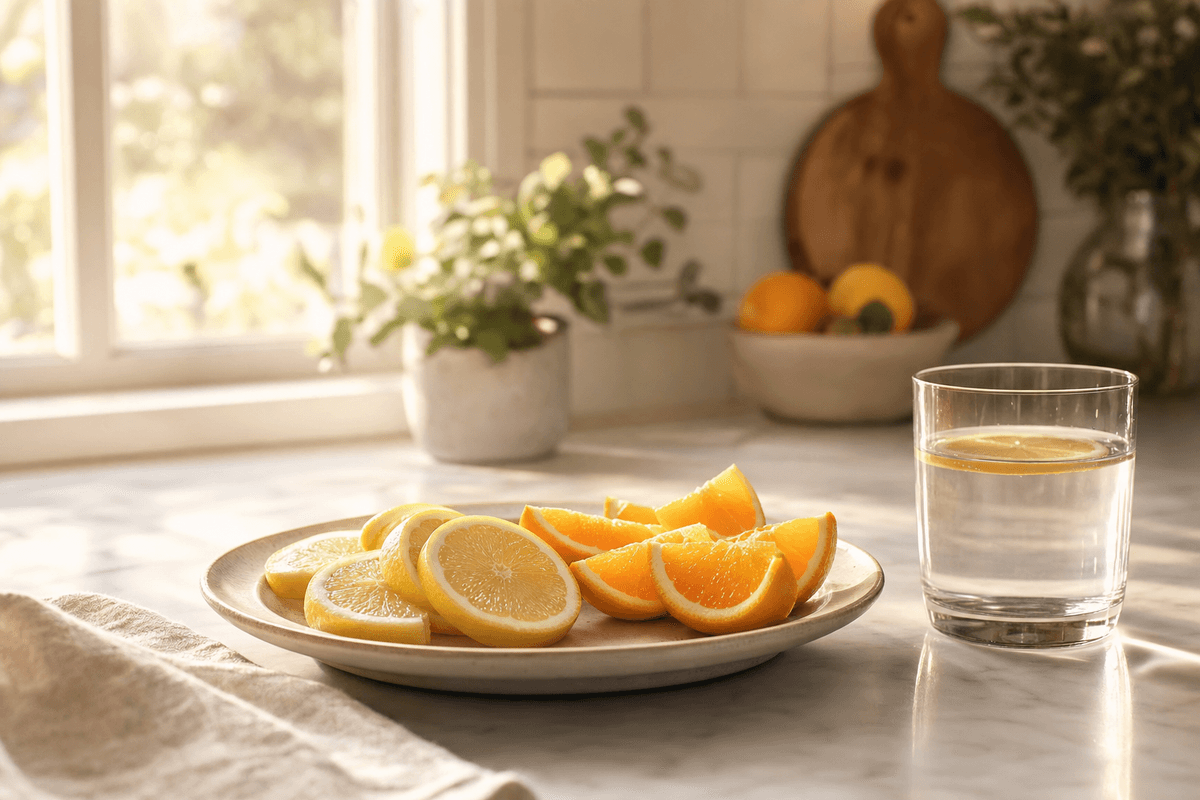 Fresh lemon slices and orange wedges on a pale ceramic plate beside a glass of citrus water on a sunlit kitchen counter, evoking simple, refreshing relief.