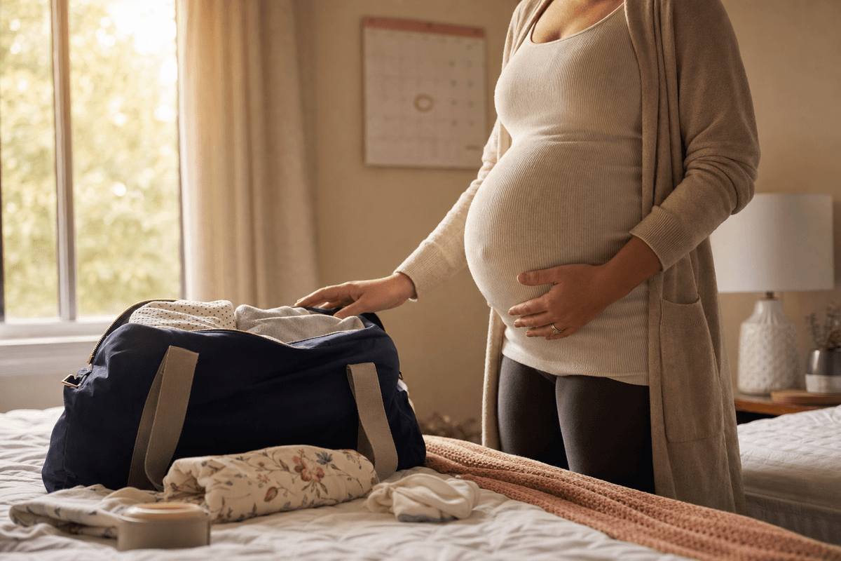 An expectant mother in late pregnancy resting one hand on her belly while packing a baby outfit into an overnight bag in warm morning light, evoking calm anticipation of approaching labor.