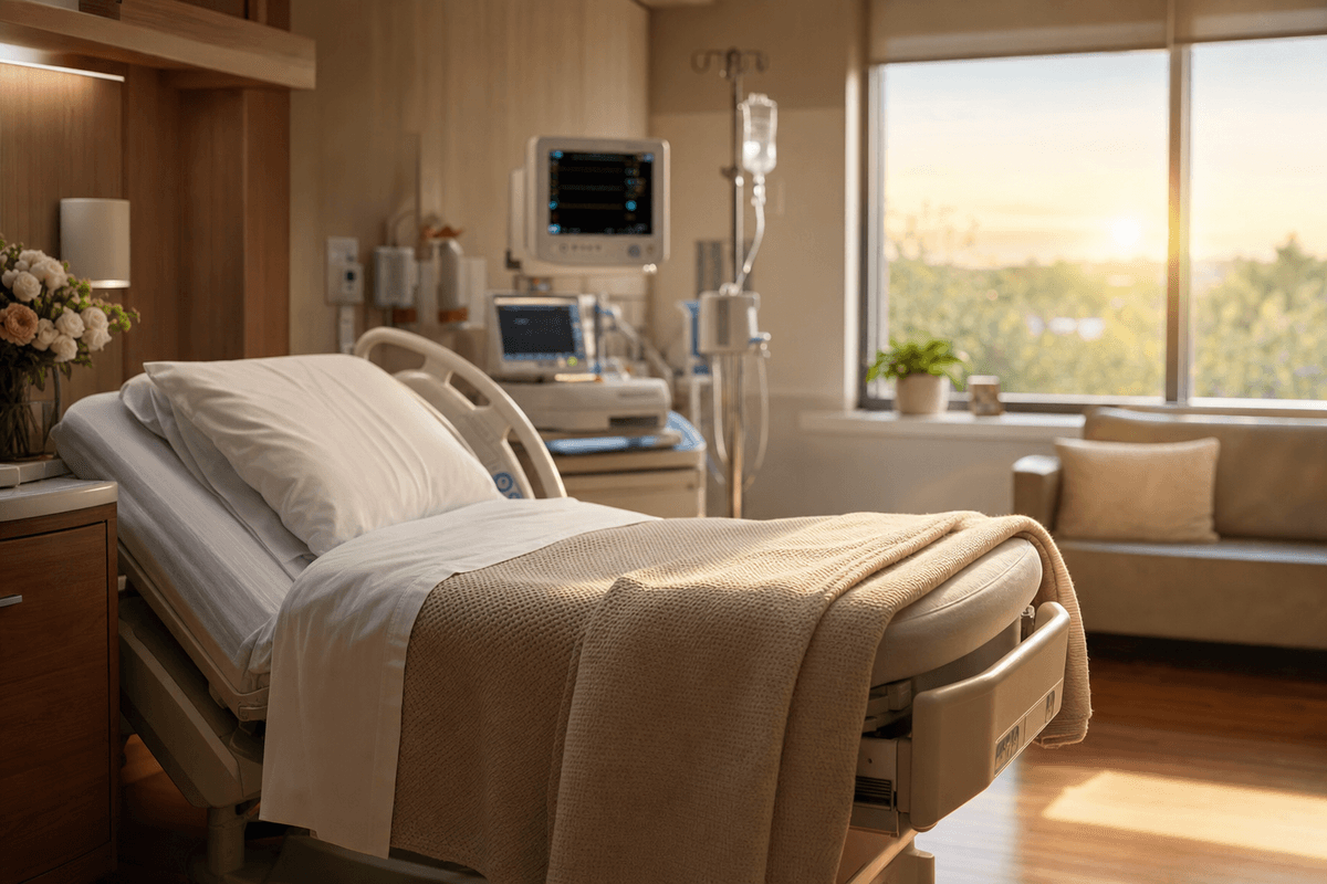 A calm, sunlit hospital labor room with a neatly made bed and soft folded blanket, warm golden evening light spilling across the floor as monitors rest quietly in the background.