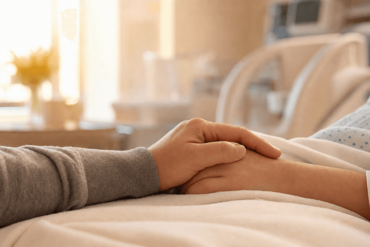 Two hands gently clasped in reassurance on a soft hospital blanket, bathed in warm morning light in a calm birthing room, conveying support and partnership.