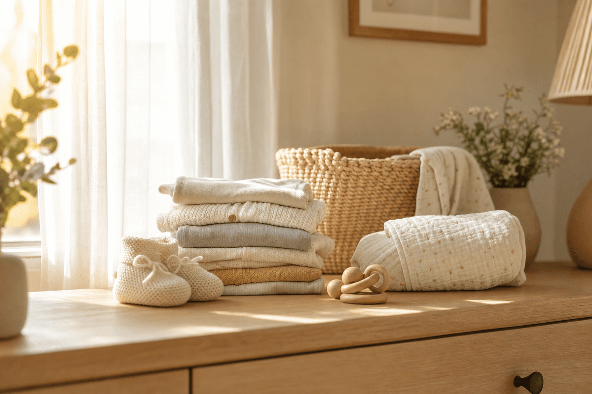 Neatly folded baby clothes, knitted booties, a woven basket, and a soft swaddle arranged on a sunlit dresser in warm morning light, evoking calm late-pregnancy preparation.