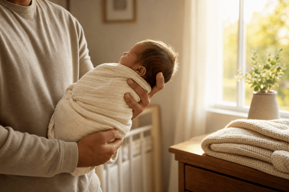 A swaddled newborn cradled in a parent's arms beside a sunlit nursery window in soft golden light, with a folded knit blanket resting nearby.