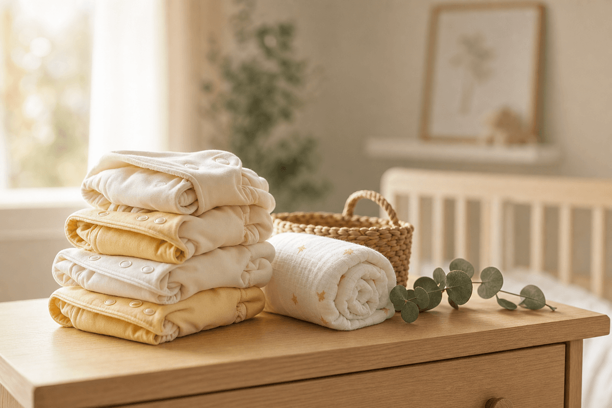 A neat stack of cream and soft-yellow cloth diapers beside a rolled muslin swaddle, a woven basket, and a eucalyptus sprig on a wooden nursery dresser in warm morning light.