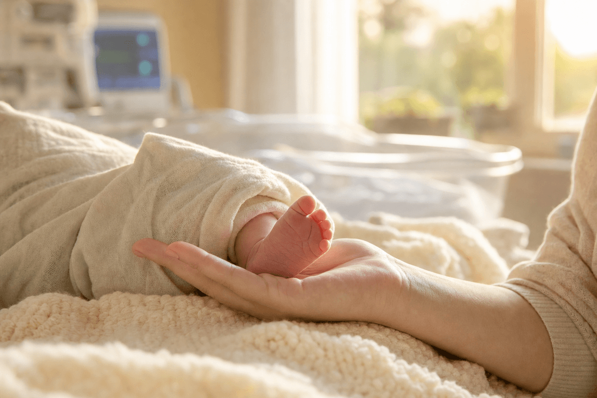 A swaddled newborn's tiny foot resting in a parent's open hand on a soft cream blanket, bathed in warm morning light in a calm hospital nursery