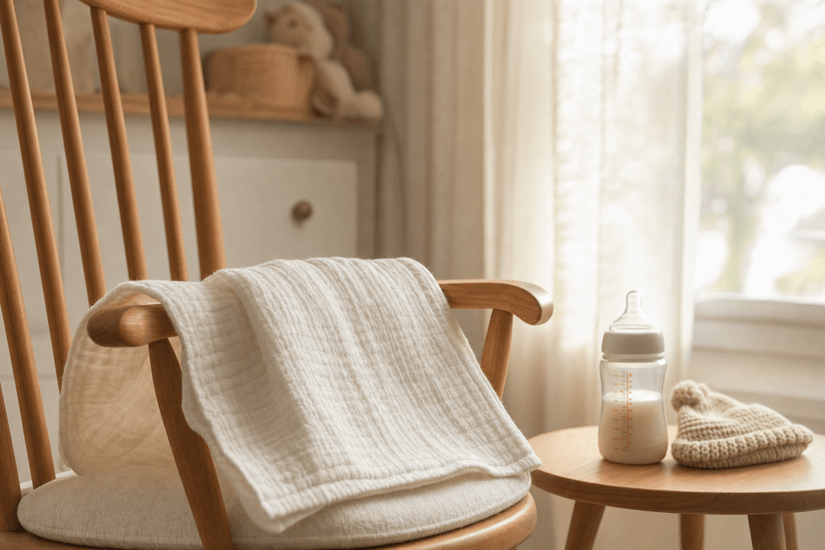 A soft muslin burp cloth draped over a wooden nursery rocking chair beside a baby bottle and tiny knitted hat in warm morning light