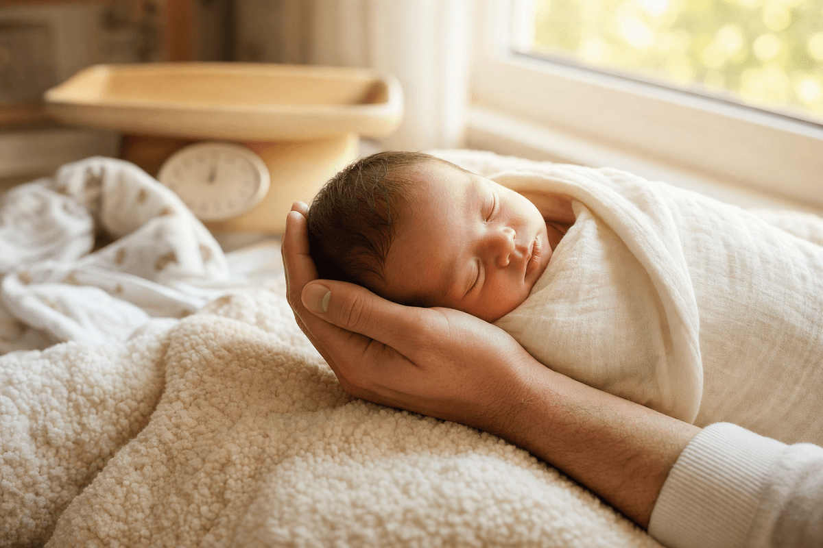 A softly swaddled sleeping newborn cradled in a parent's hands on a warm cream blanket by a sunlit window, a wooden baby scale blurred behind, evoking calm early newborn days
