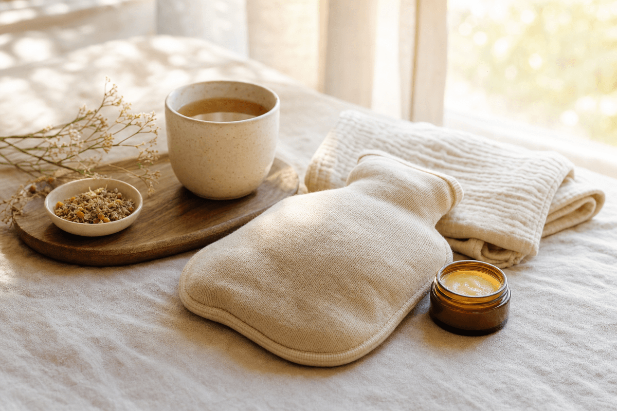 A soft knit warm compress, a small jar of soothing balm, herbal tea, and a folded muslin cloth resting in gentle morning light by a sunlit window, evoking calm comfort and healing.