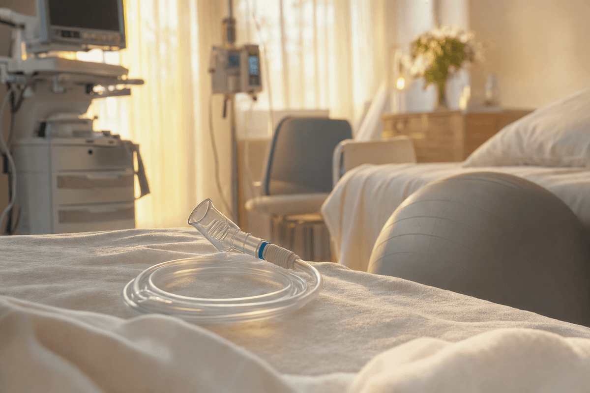 A handheld inhalation mouthpiece on a coiled clear tube resting on soft white linen in a sunlit hospital birthing room, with equipment gently blurred behind it in warm golden light