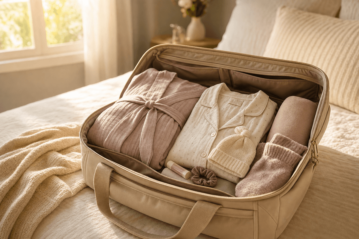 An open hospital overnight bag resting on a softly made bed in warm window light, neatly packed with a robe, button-front pajamas, cozy socks, and a tiny knit baby cap.