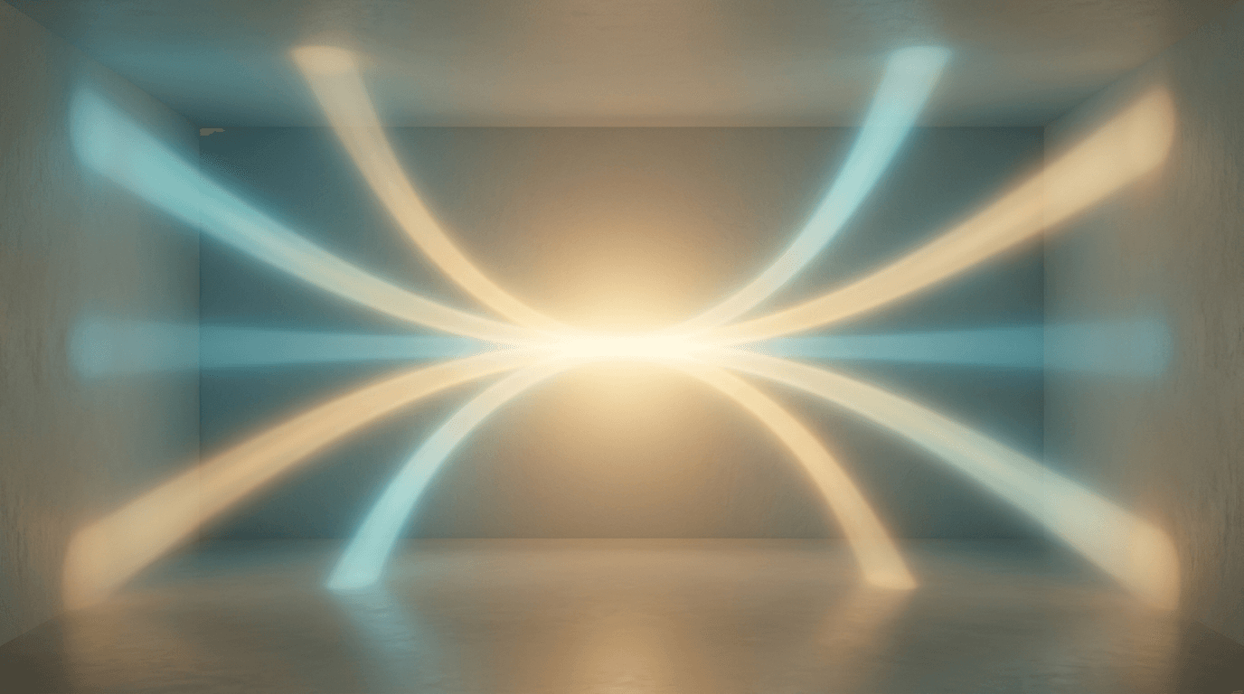 Multiple soft beams of light converging into a warm center, representing different paths to comfort