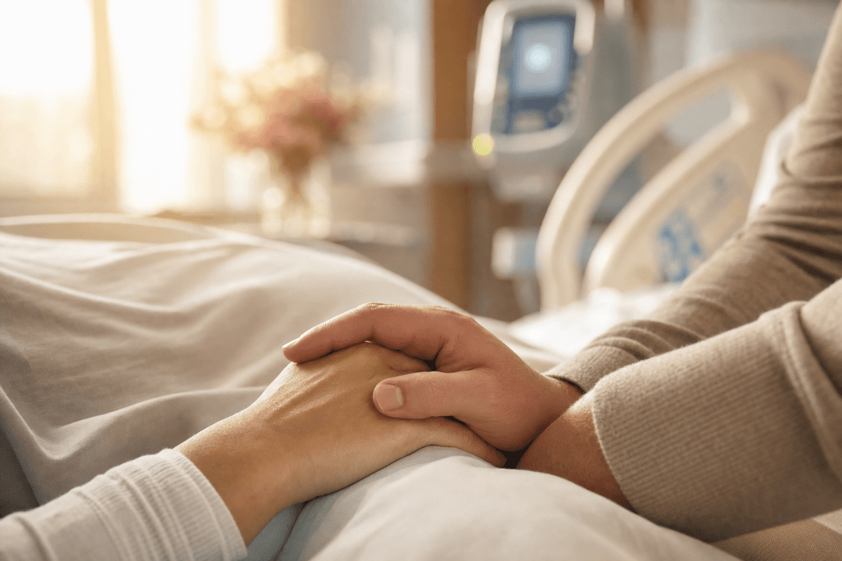 A partner's hand resting gently over an expectant mother's hand on a softly draped hospital bed in warm morning light, with calm equipment blurred in the background.