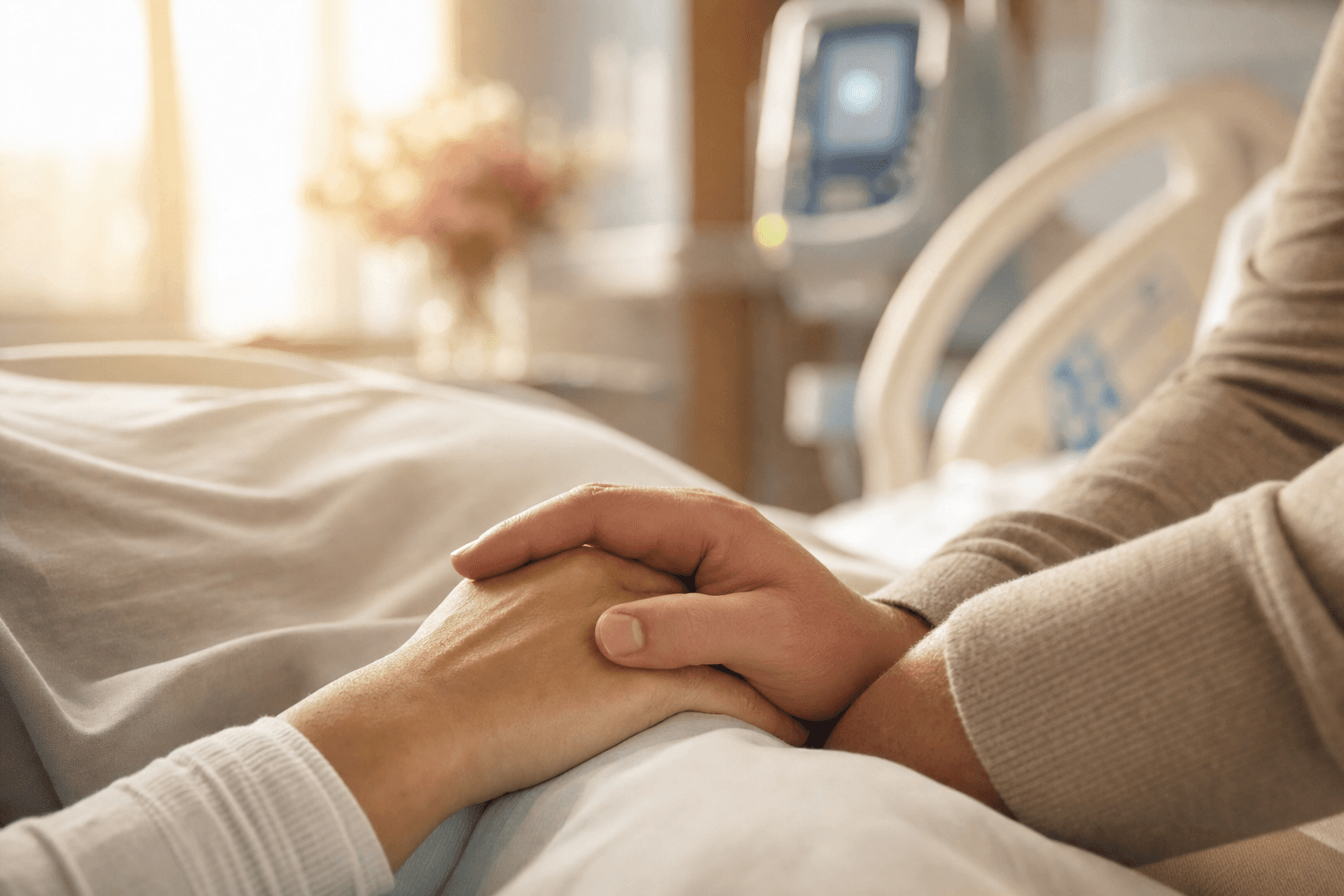 A partner's hand resting gently over an expectant mother's hand on a softly draped hospital bed in warm morning light, with calm equipment blurred in the background.