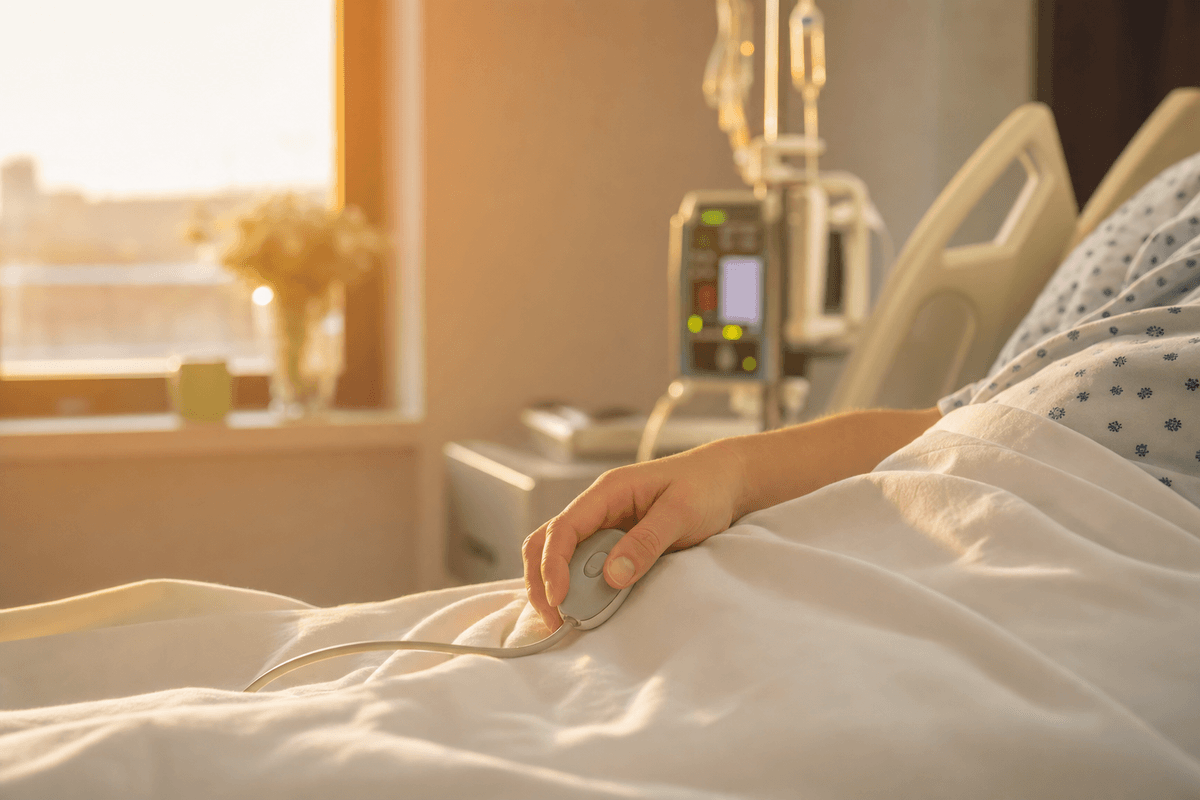 A patient's relaxed hand resting on soft white hospital bedsheets in warm golden light, with an IV pole and monitor glowing gently out of focus nearby.