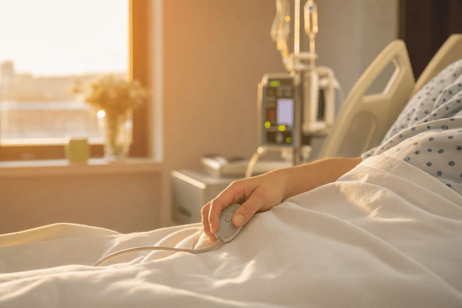 A patient's relaxed hand resting on soft white hospital bedsheets in warm golden light, with an IV pole and monitor glowing gently out of focus nearby.