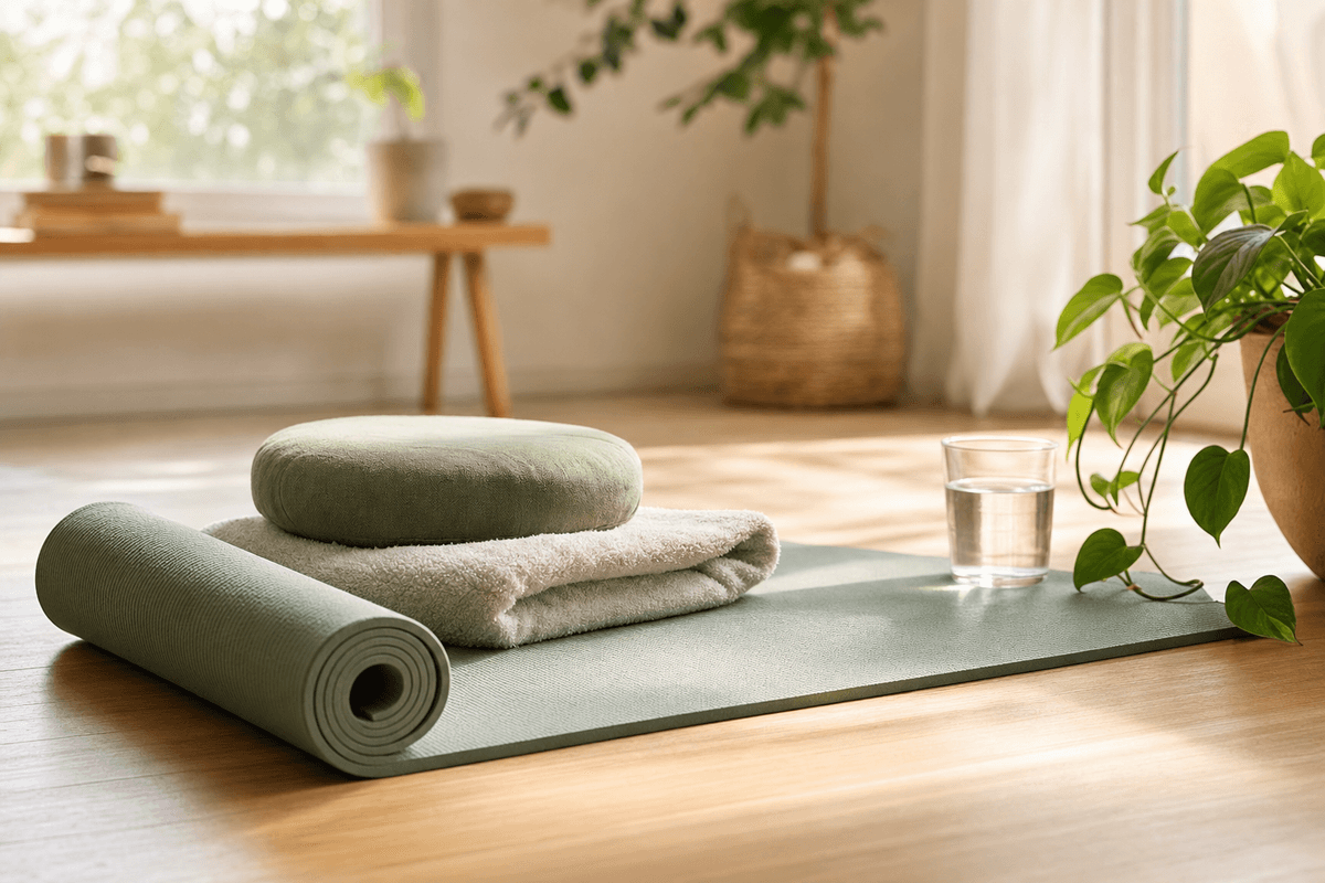 A softly rolled sage-green exercise mat with a folded towel, cushion, and glass of water on a sunlit wooden floor beside a leafy plant, evoking gentle postpartum recovery