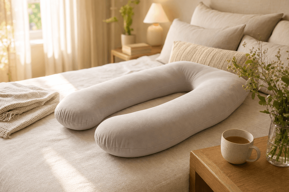 A soft U-shaped pregnancy support pillow resting on a neatly made bed in warm morning light, with a folded linen throw and a cup of herbal tea nearby, evoking gentle rest and relief.