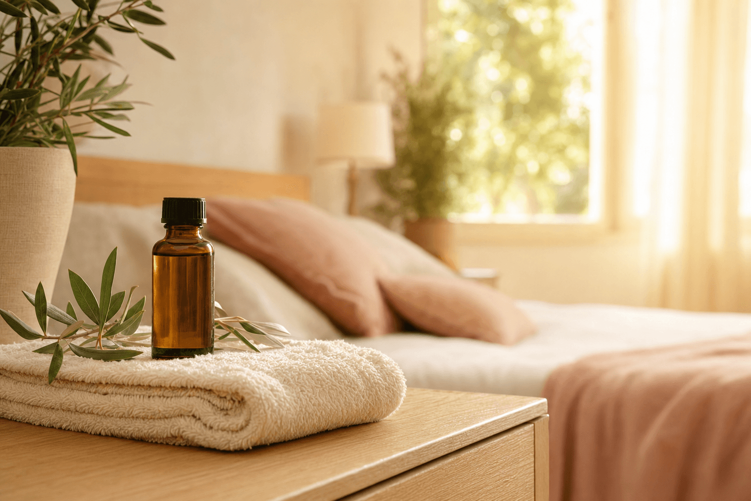 A small amber bottle of natural massage oil rests on a soft folded towel with a sprig of greenery, in a sunlit bedroom bathed in warm golden morning light.