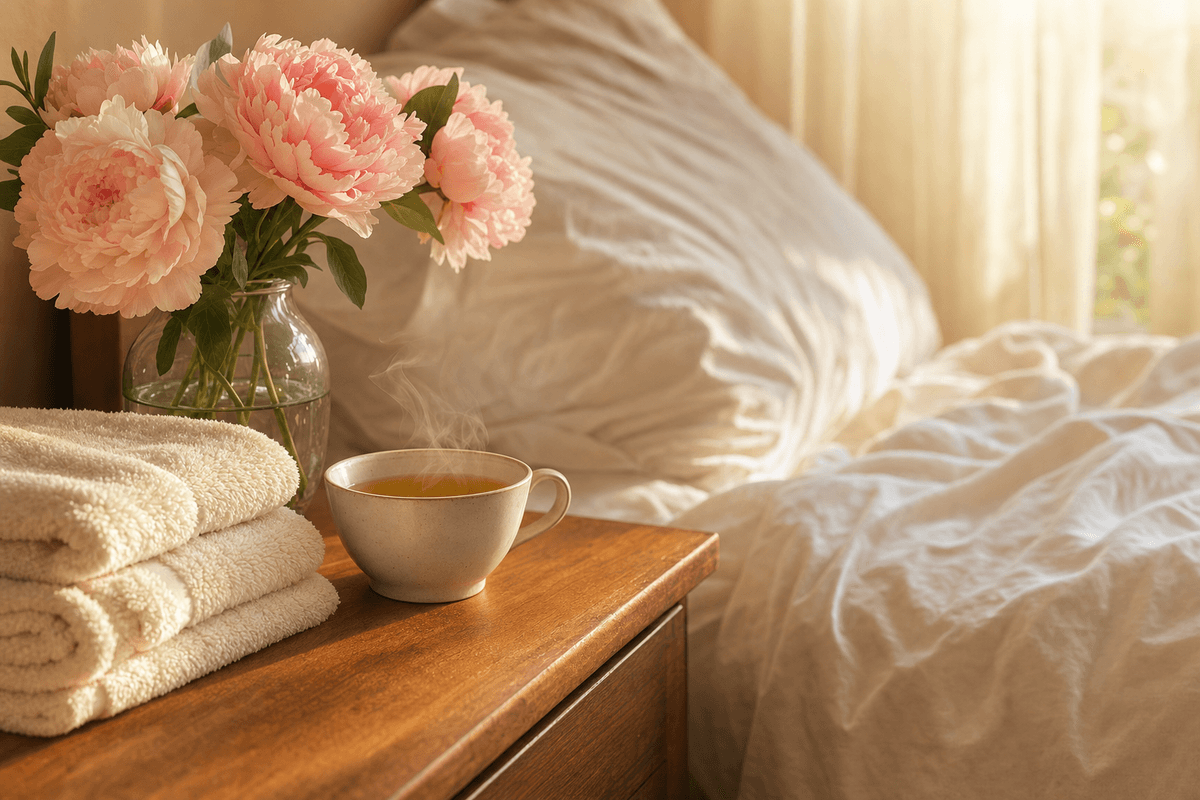 A folded stack of soft towels, a steaming cup of herbal tea, and pink peonies on a bedside table in warm morning light, evoking gentle rest and recovery.