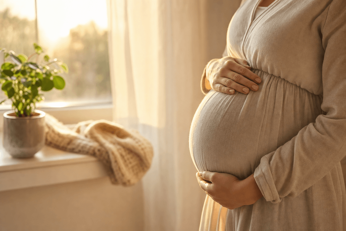 An expectant mother's hands gently cradling her rounded belly beside a sunlit window, with a small plant and soft knit blanket in warm golden light.