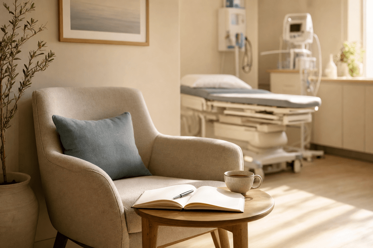 A cozy armchair beside a small wooden table holding an open notebook and a warm cup in soft morning light, with a softly blurred exam room behind, evoking calm, attentive postpartum care