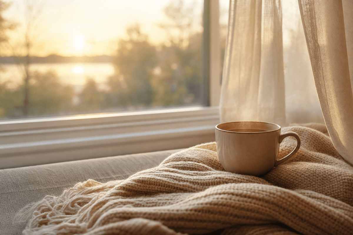 A warm mug of tea resting on a soft knit blanket by a sunlit window at dawn, with sheer curtains and golden light, evoking a quiet, calming moment.