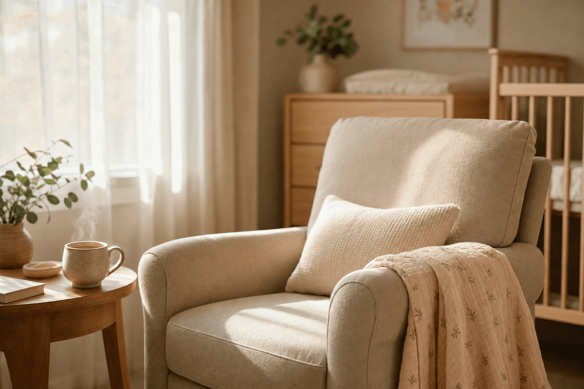 A cozy nursery armchair in warm morning light, draped with a soft blanket and a small support cushion beside a steaming cup of tea, evoking gentle rest and recovery