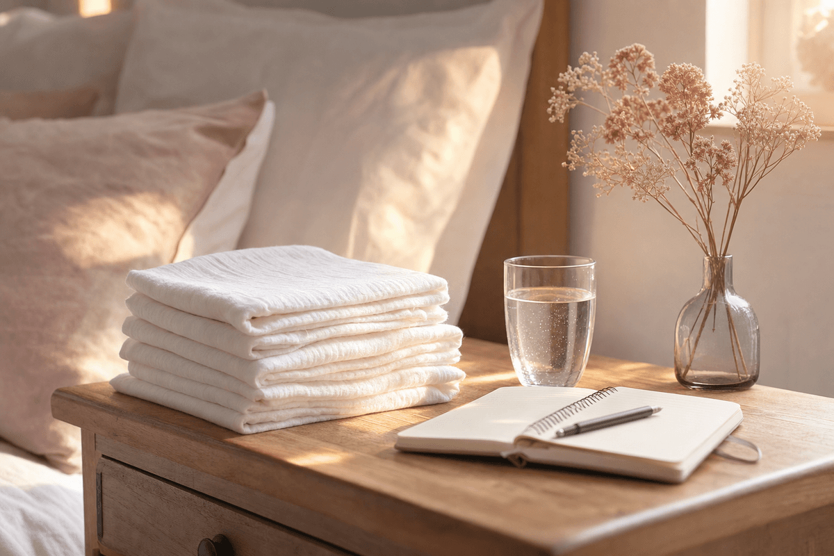 A stack of neatly folded soft white cloths rests on a sunlit wooden bedside table beside a glass of water, an open notebook, and dried rose-toned flowers, evoking calm postpartum recovery at home.