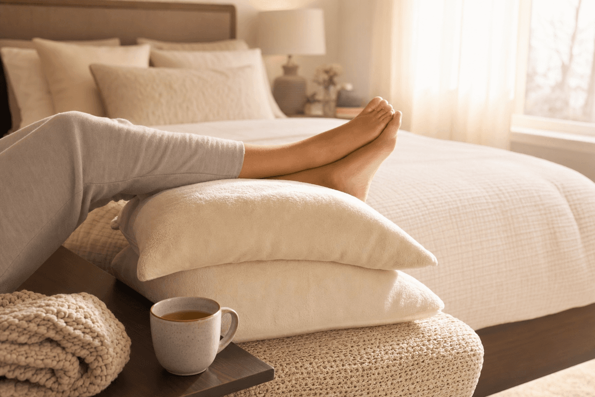 A new mother's legs rest gently elevated on a stack of soft cream pillows beside a warm mug of tea, bathed in calm morning light evoking restful recovery.