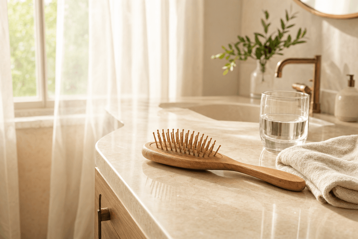 A wooden hairbrush resting on a warm marble bathroom vanity beside a glass of water and soft towel in gentle morning light, evoking the calm of everyday recovery.