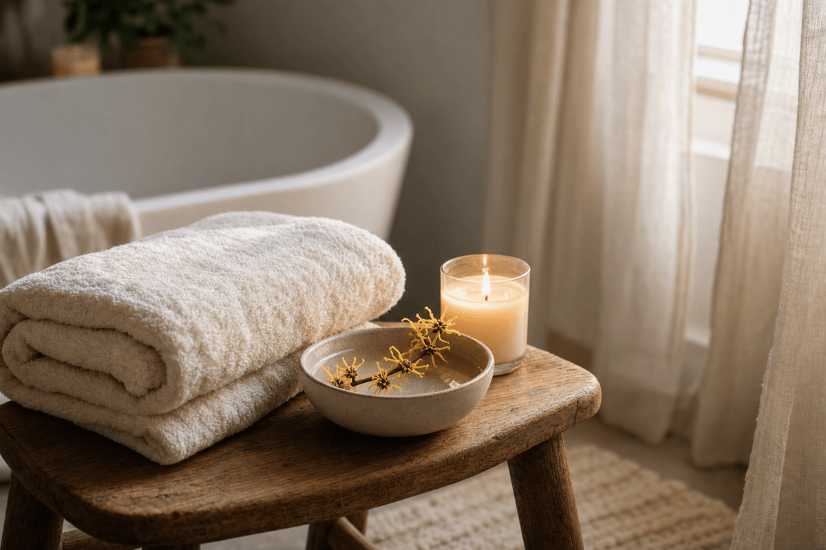 A softly rolled towel, a lit candle, and a bowl of warm water with a witch hazel sprig on a wooden stool beside a bathtub in gentle morning light, evoking restful early recovery