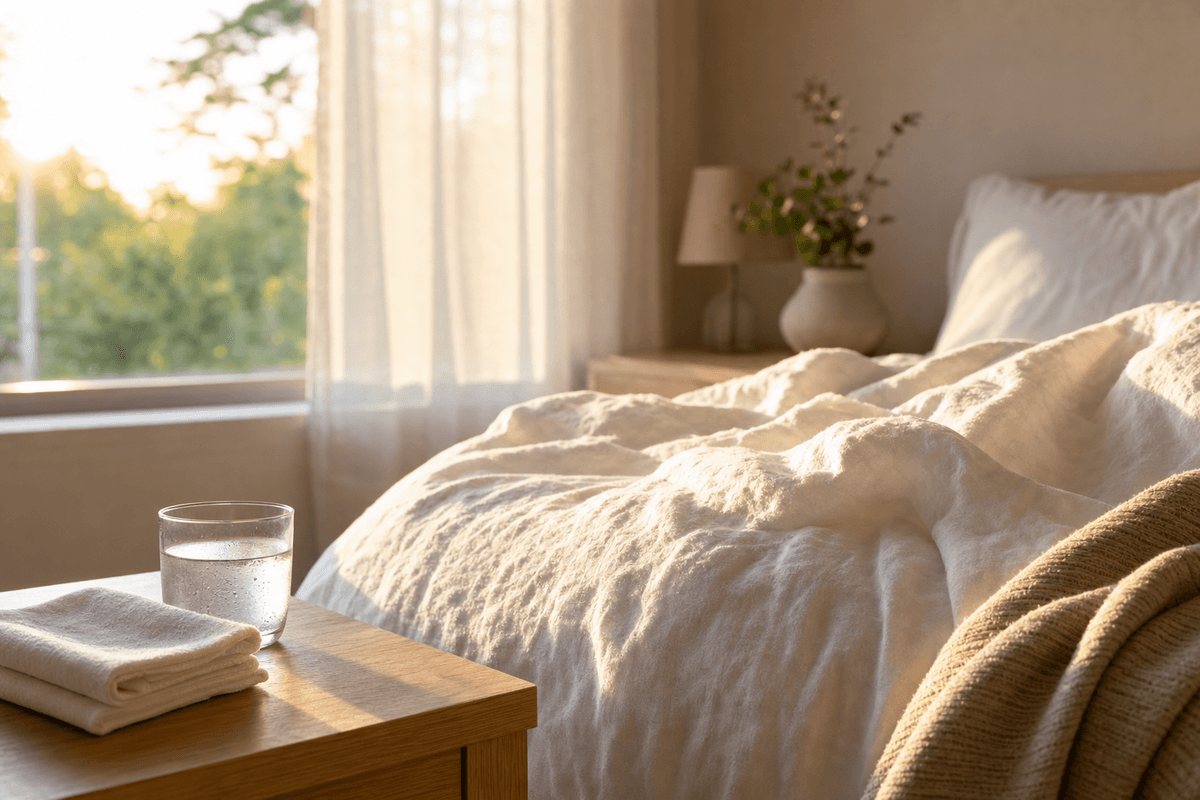 A sunlit bedroom at dawn with softly rumpled linen sheets, a glass of water and a folded towel on the nightstand, evoking restful postpartum recovery