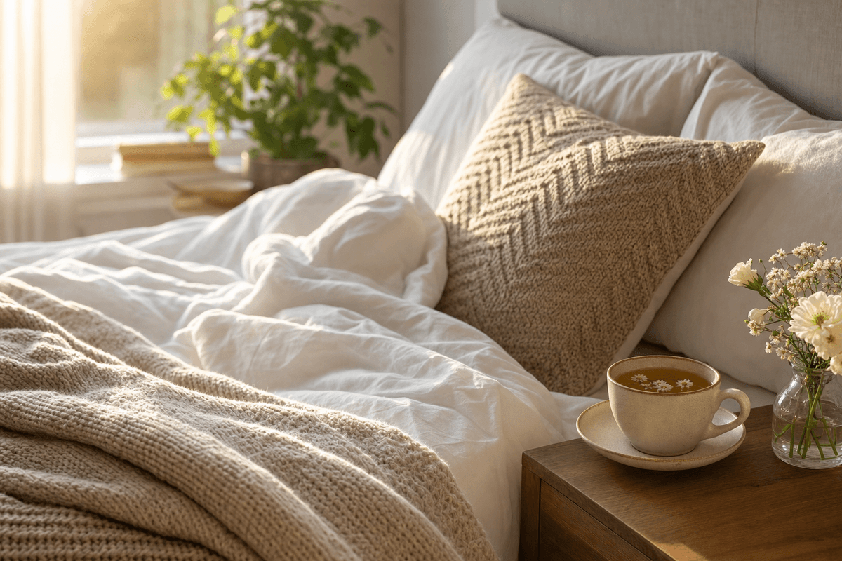 A cozy bed bathed in soft morning light with rumpled white linens, a knitted blanket, and a warm mug of herbal tea beside pale flowers, evoking gentle at-home recovery.