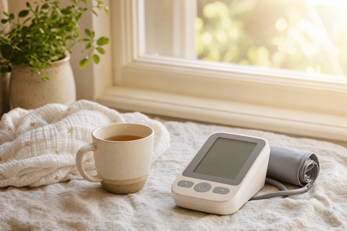 A home blood-pressure monitor resting on soft linen beside a warm mug of tea and a folded baby blanket in gentle sunlit morning light, evoking calm postpartum recovery and self-monitoring.
