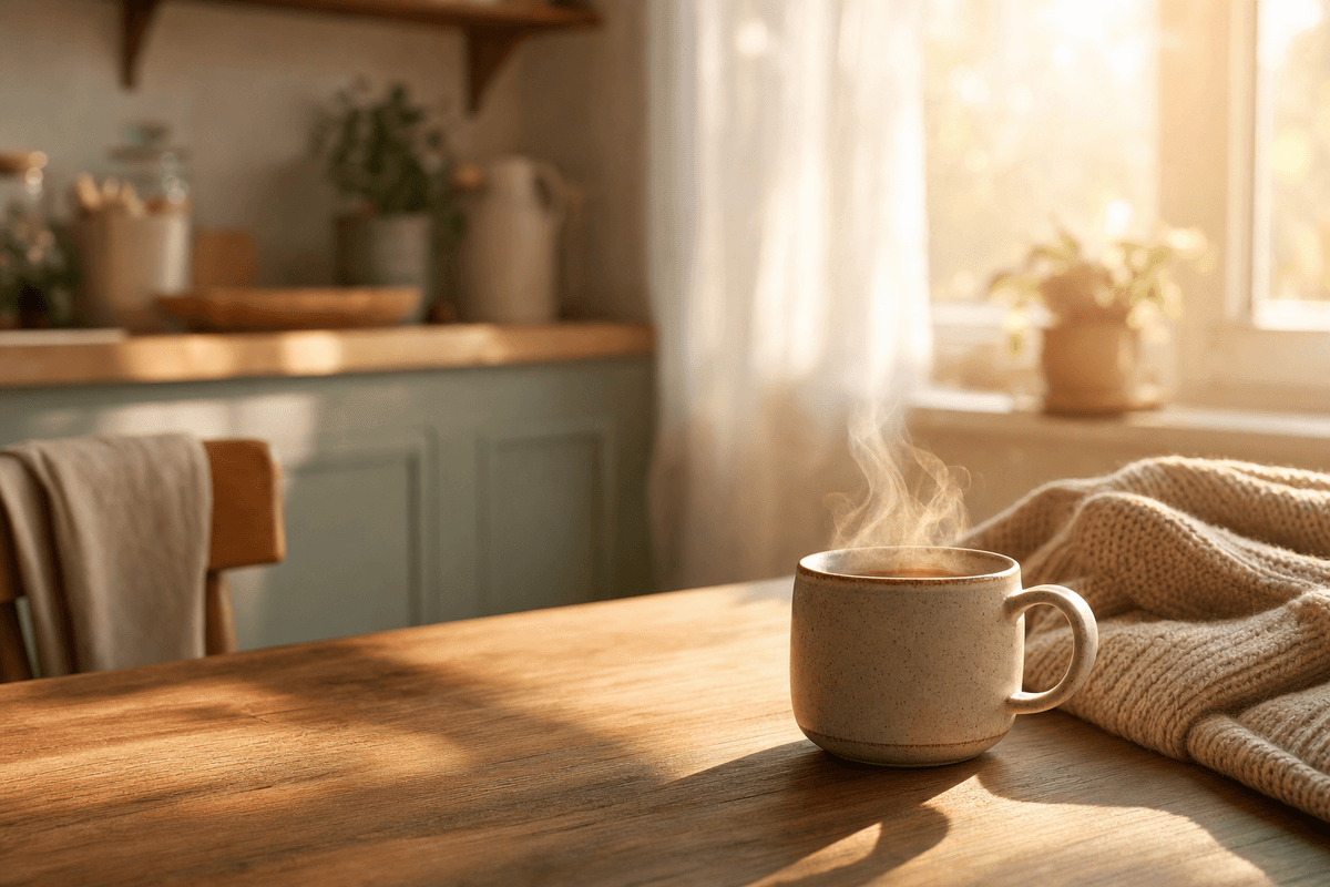 A steaming mug of tea and a soft knit blanket resting on a wooden table in a sunlit kitchen, evoking a quiet, gentle moment of pause and self-compassion.