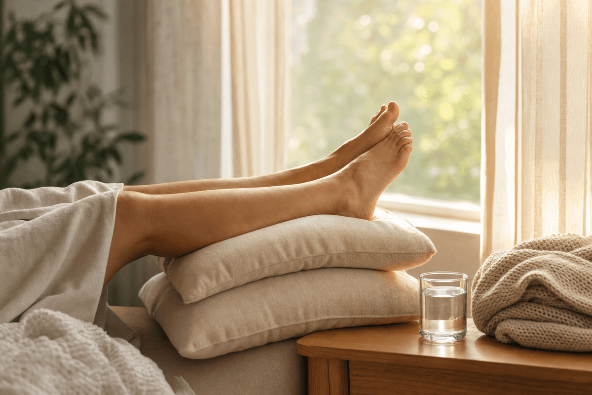 A mother's bare feet rest elevated on a stack of soft cream pillows beside a sunlit window, with a glass of water and a folded knit blanket nearby, evoking calm postpartum recovery.