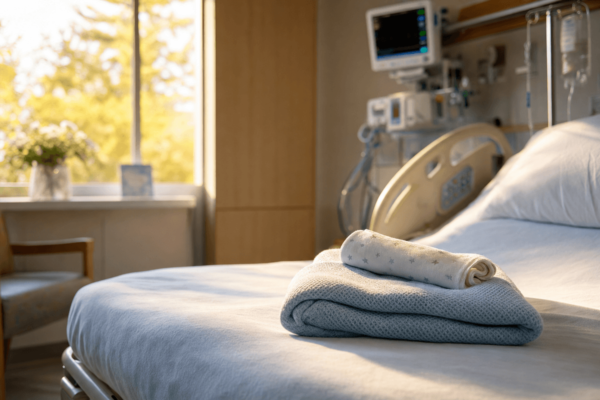 Softly folded blankets and a small swaddle resting on a hospital recovery bed in warm window light, with monitors gently out of focus nearby.