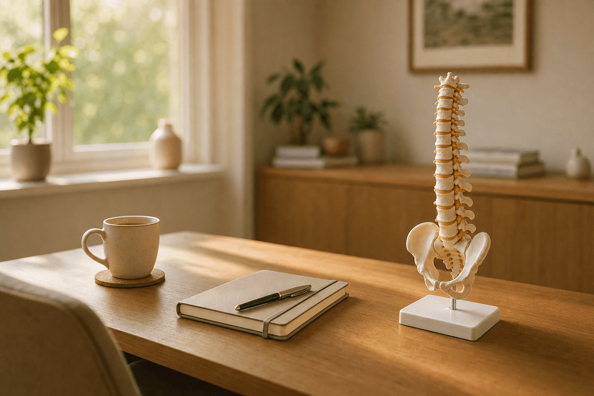 An anatomical spine model resting on a sunlit wooden desk beside a warm cup of tea and a closed notebook, evoking a calm, unhurried conversation about back health.
