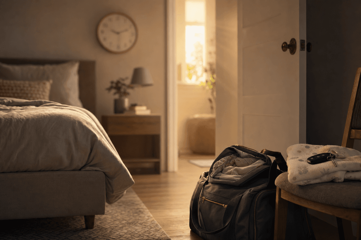 A packed hospital bag and a folded baby blanket resting by an open bedroom door at dawn, with a wall clock in soft golden light, evoking quiet readiness for a fast departure.