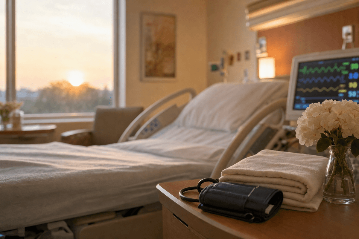 A blood-pressure cuff and folded linens beside white flowers on a bedside table in a calm hospital room, warm dawn light spilling across an empty bed.