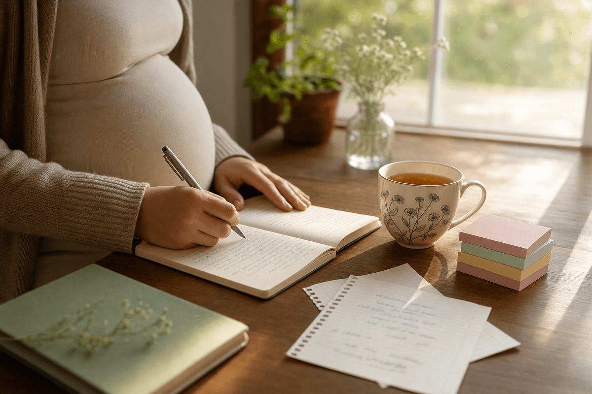 A pregnant woman's hands journaling beside a warm cup of tea and a small stack of pastel sticky-note reminders in soft golden morning light, evoking gentle ways to cope with forgetfulness.