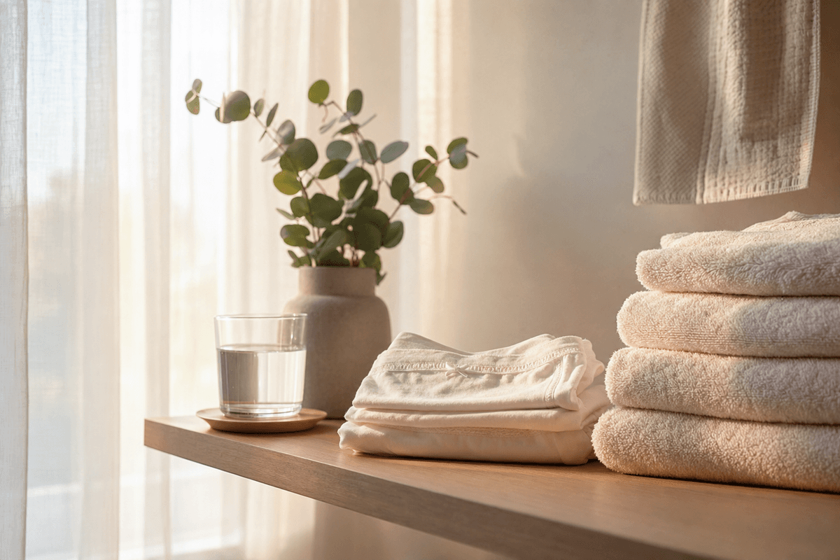 Soft folded white cotton garments and plush towels beside a potted eucalyptus sprig and a glass of water on a sunlit home shelf, evoking calm everyday pregnancy self-care.